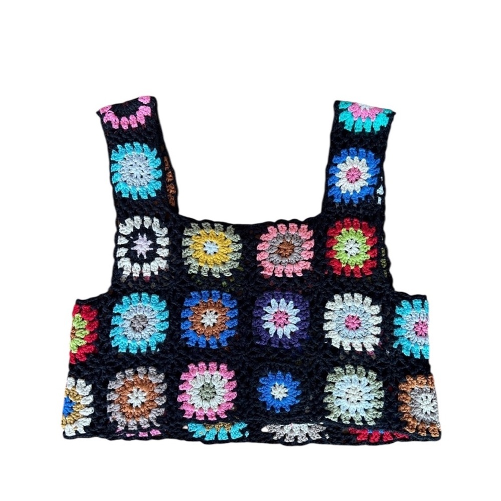 Retro Vintage Handmade Crochet Granny Square Crop, Size M